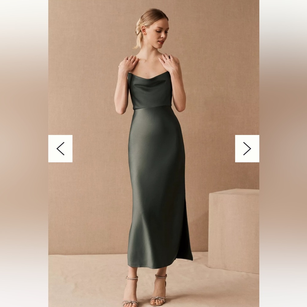 BHLDN Cali Satin Cowl-Neck Midi Dress in Forest